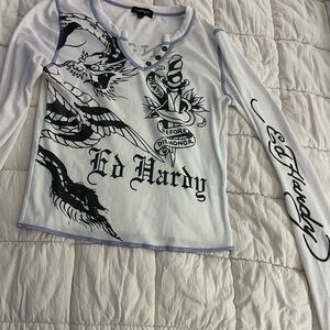 Ed Hardy White Long Sleeve Tattoo-Graphic Top